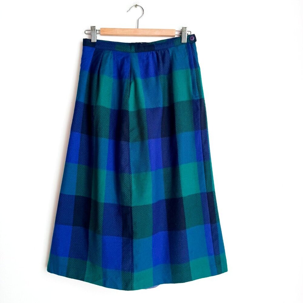 Allure Canada Green Blue Window Pane Plaid Wool Skirt M
